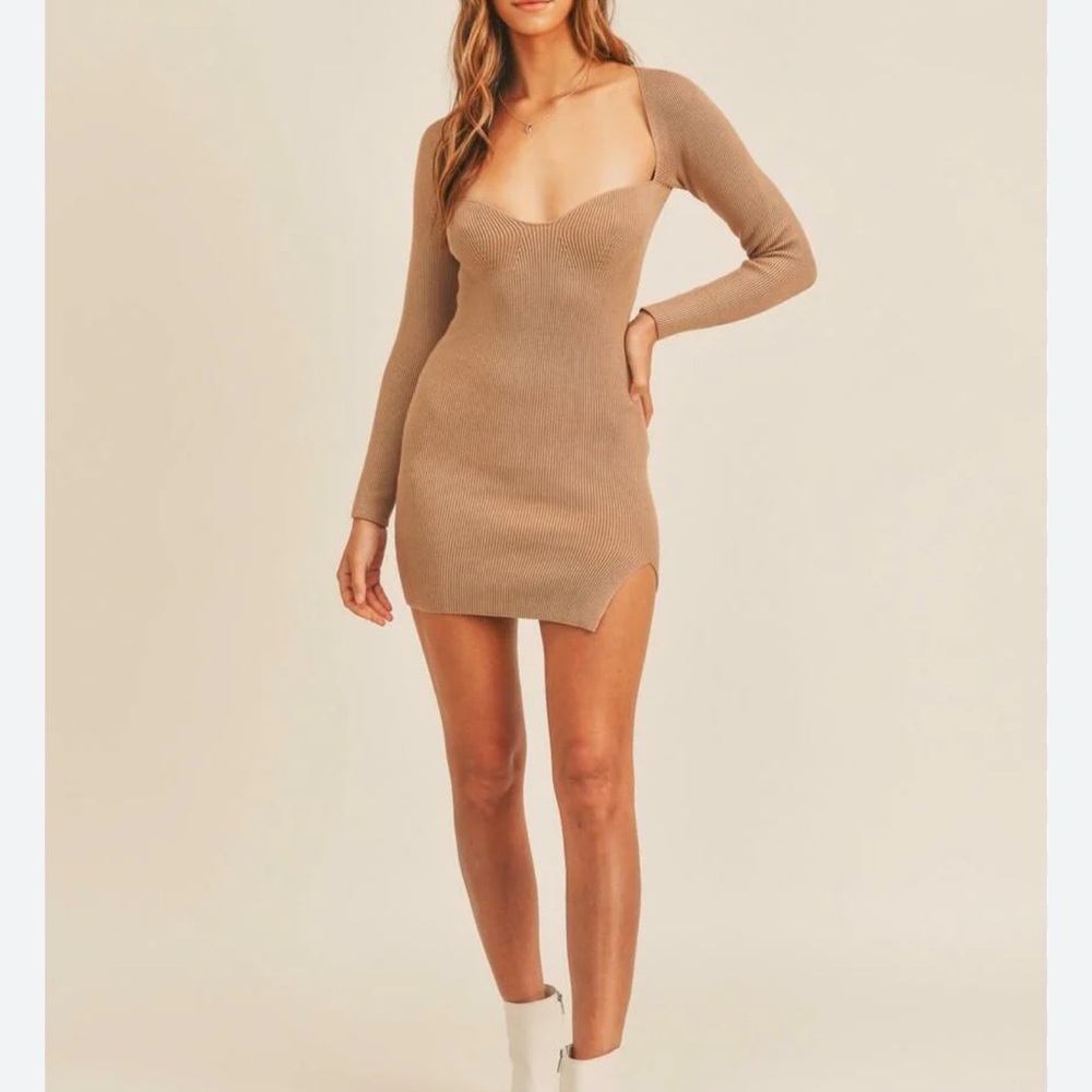 Brand New with Tags- Tan long sleeve ribbed mini dress with tie detail.